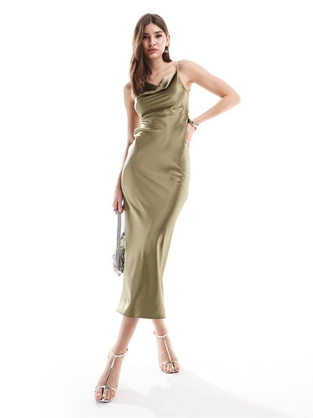 Miss Selfridge asymmetrical cowl midi dress in olive